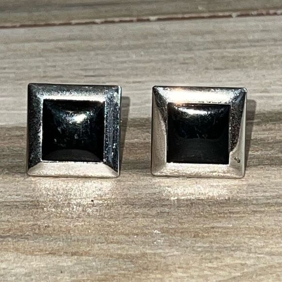 Vintage Swank Cufflinks with Black Onyx Style Inlay Men’s Silver Tone Classic - Picture 1 of 7
